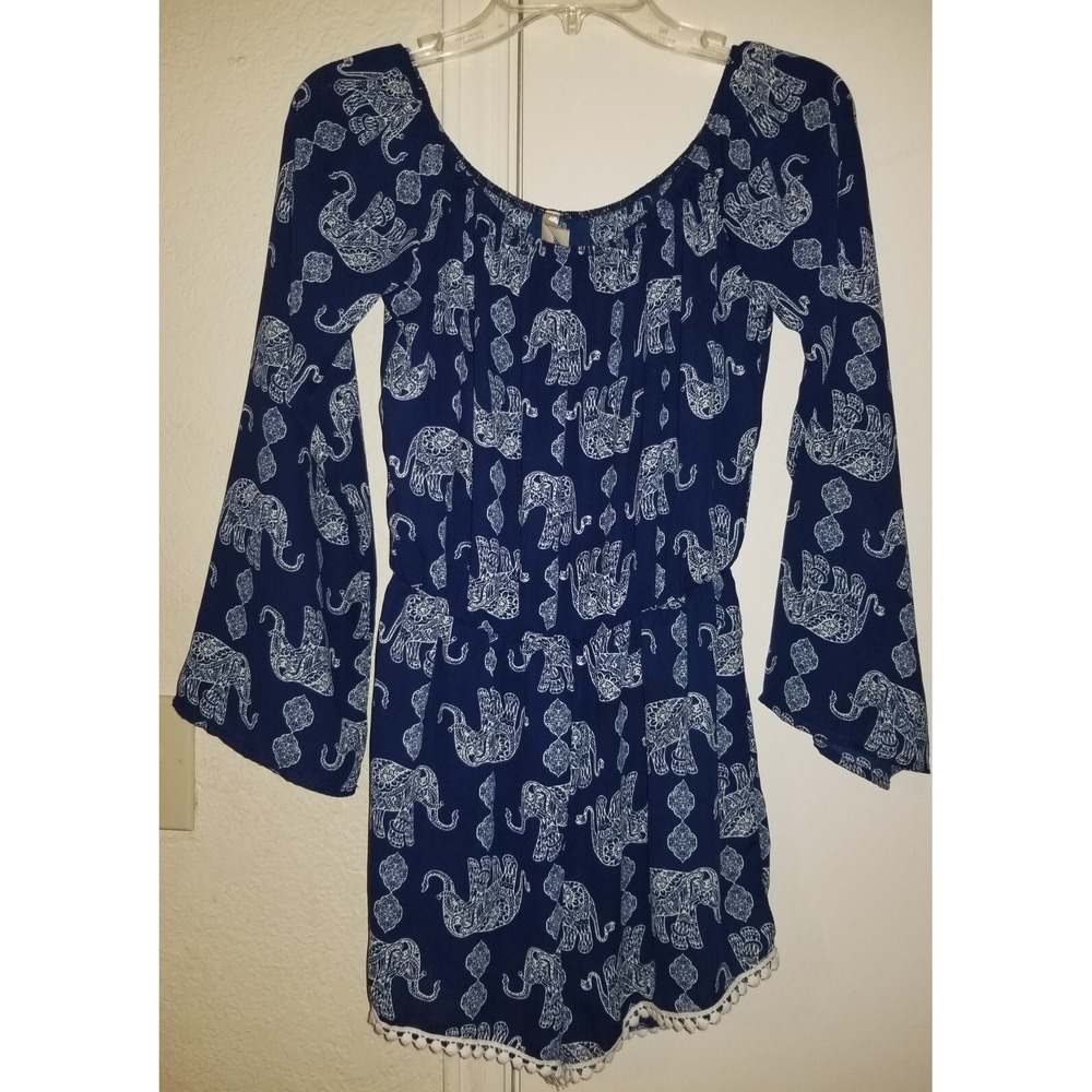 Jesse‎ And J Boho Romper Medium Blue Elephant Print Boho Crochet Ball Hem Accent